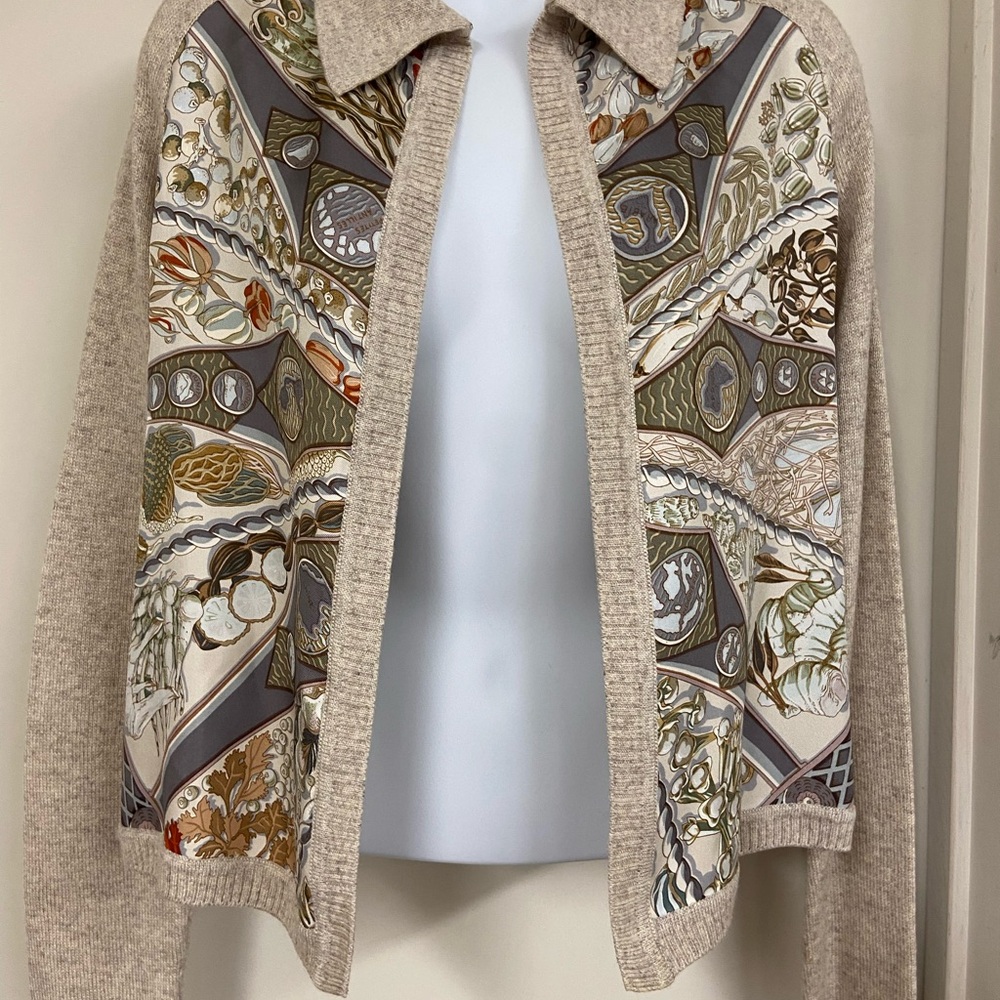 Hermès Beige Knit Cardigan with Patterned Scarf Detail